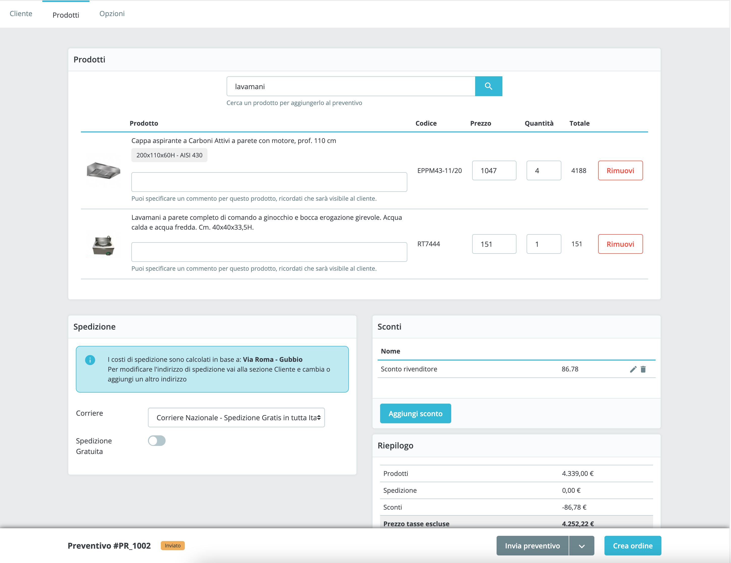 Schermata di esempio della pagina principale di gestione dei preventivi di un ecommerce b2b