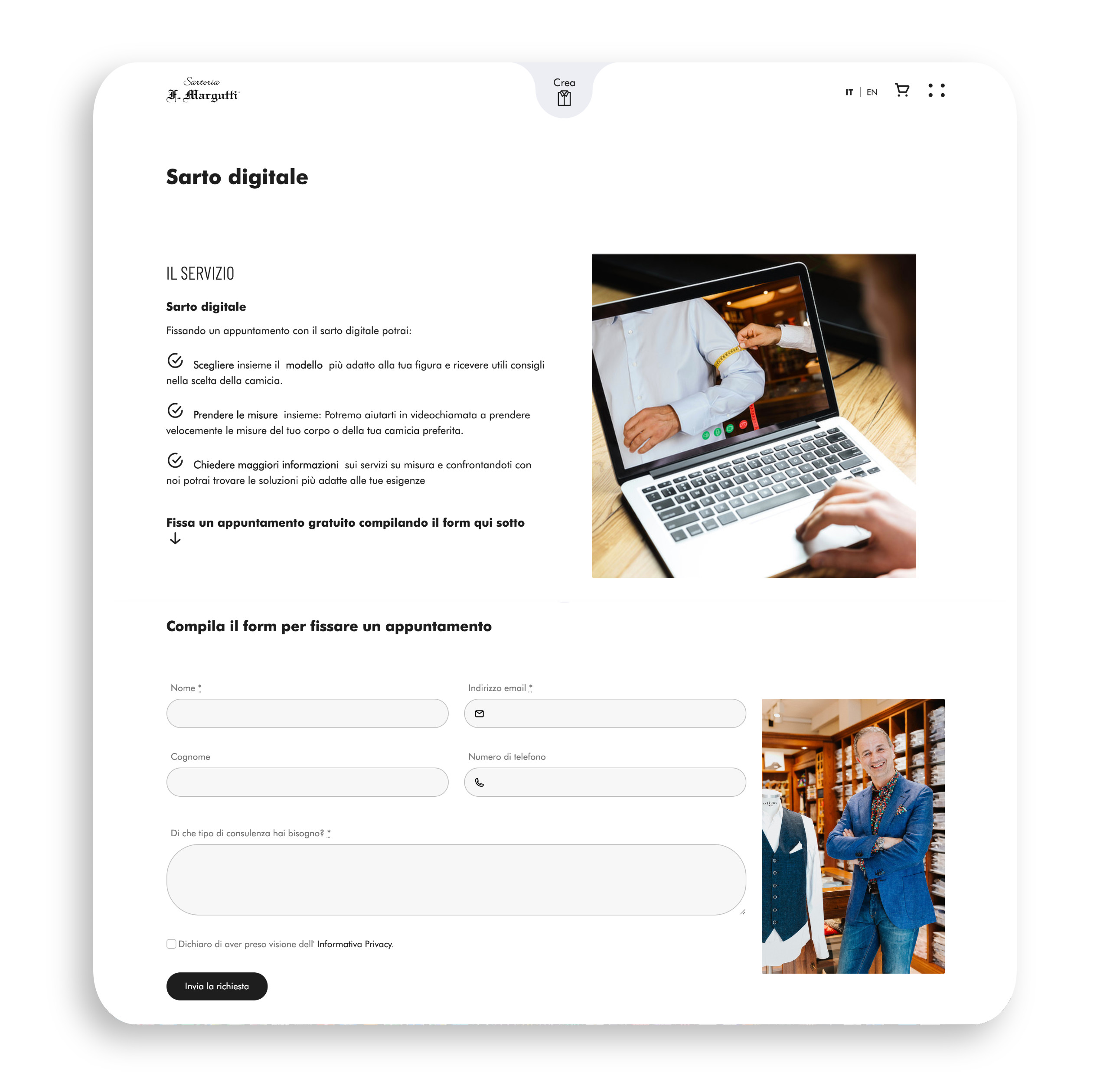 Grafica sito web per il sarto digitale e appuntamenti