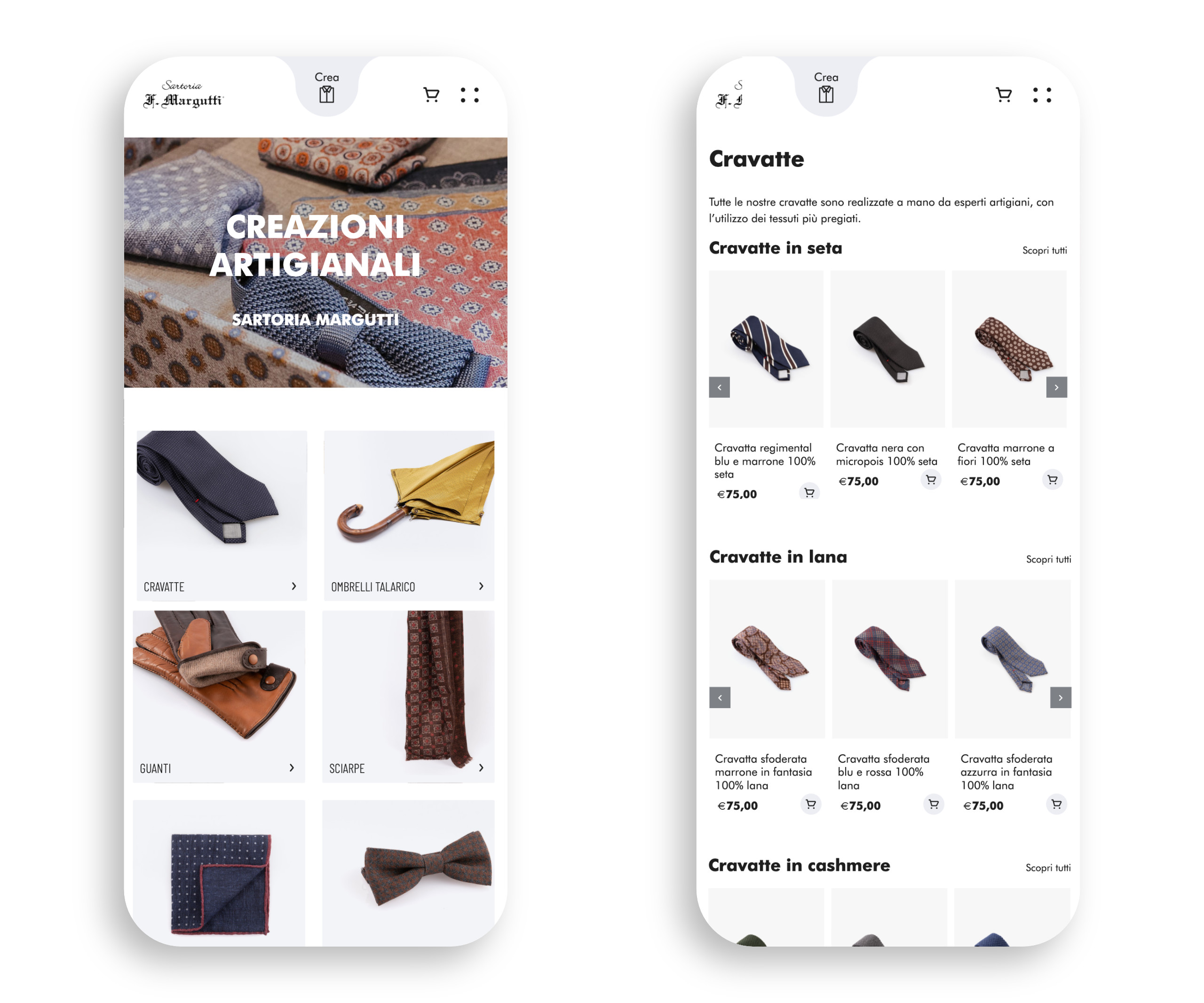 Sito ecommerce della sartoria in versione mobile