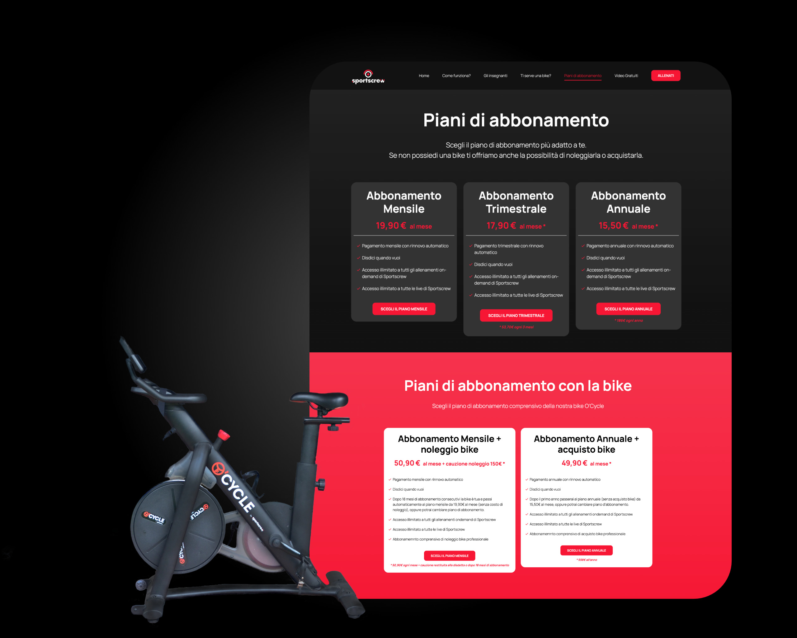 Realizzazione sito web piattaforma di allenamento online pagina abbonamenti